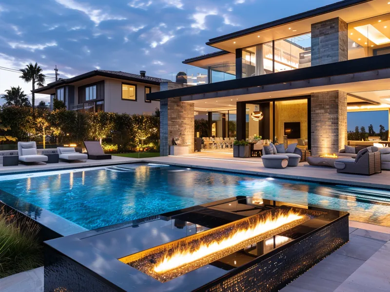 Photo-style rendering of a modern pool with fire feature at dusk