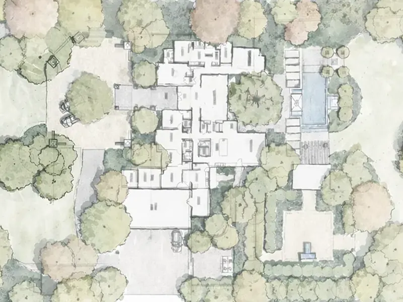 Colored site plan showing house, pool and trees