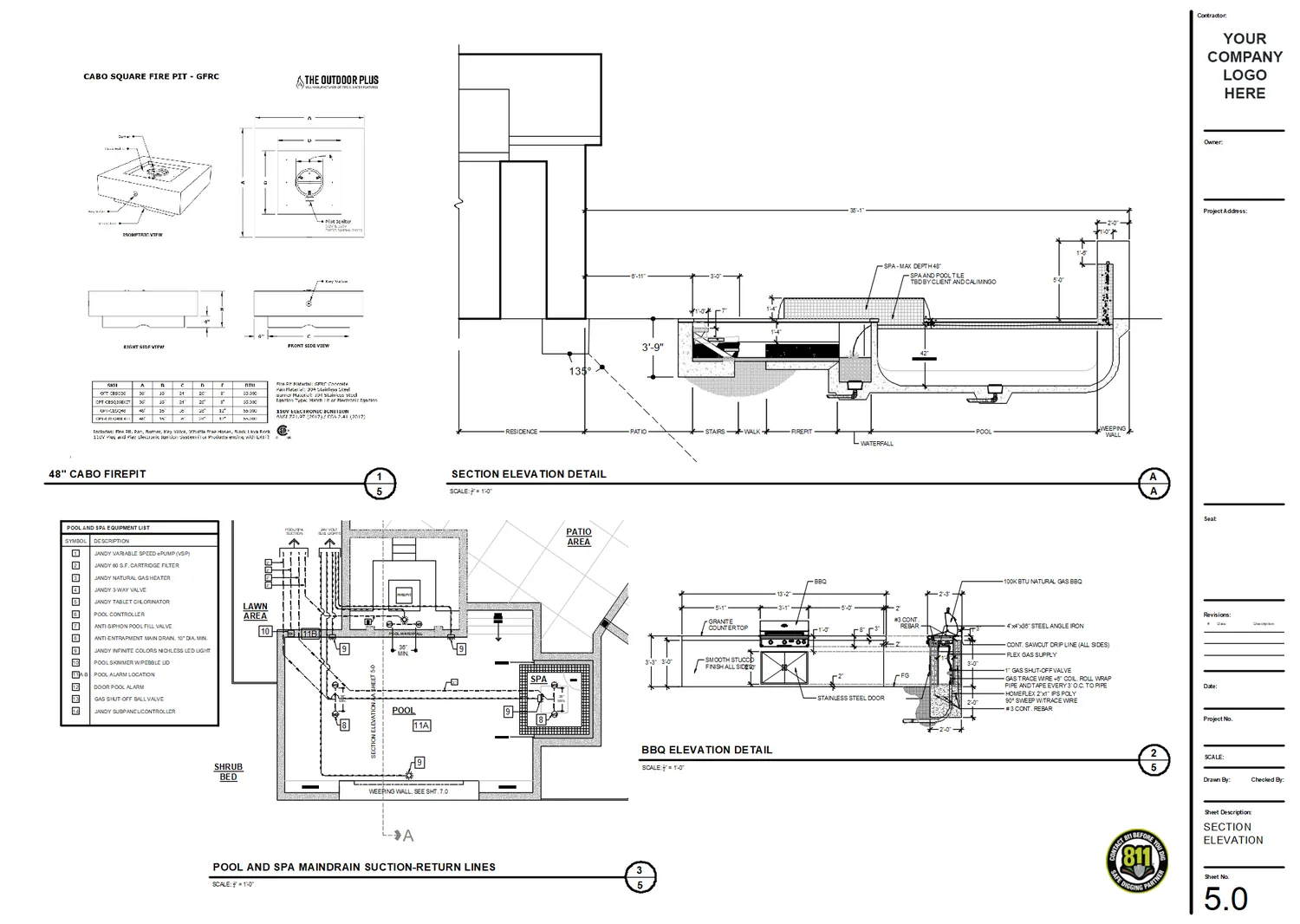 Pool section elevation, BBQ elevation, fire pit and main drain suction-return details