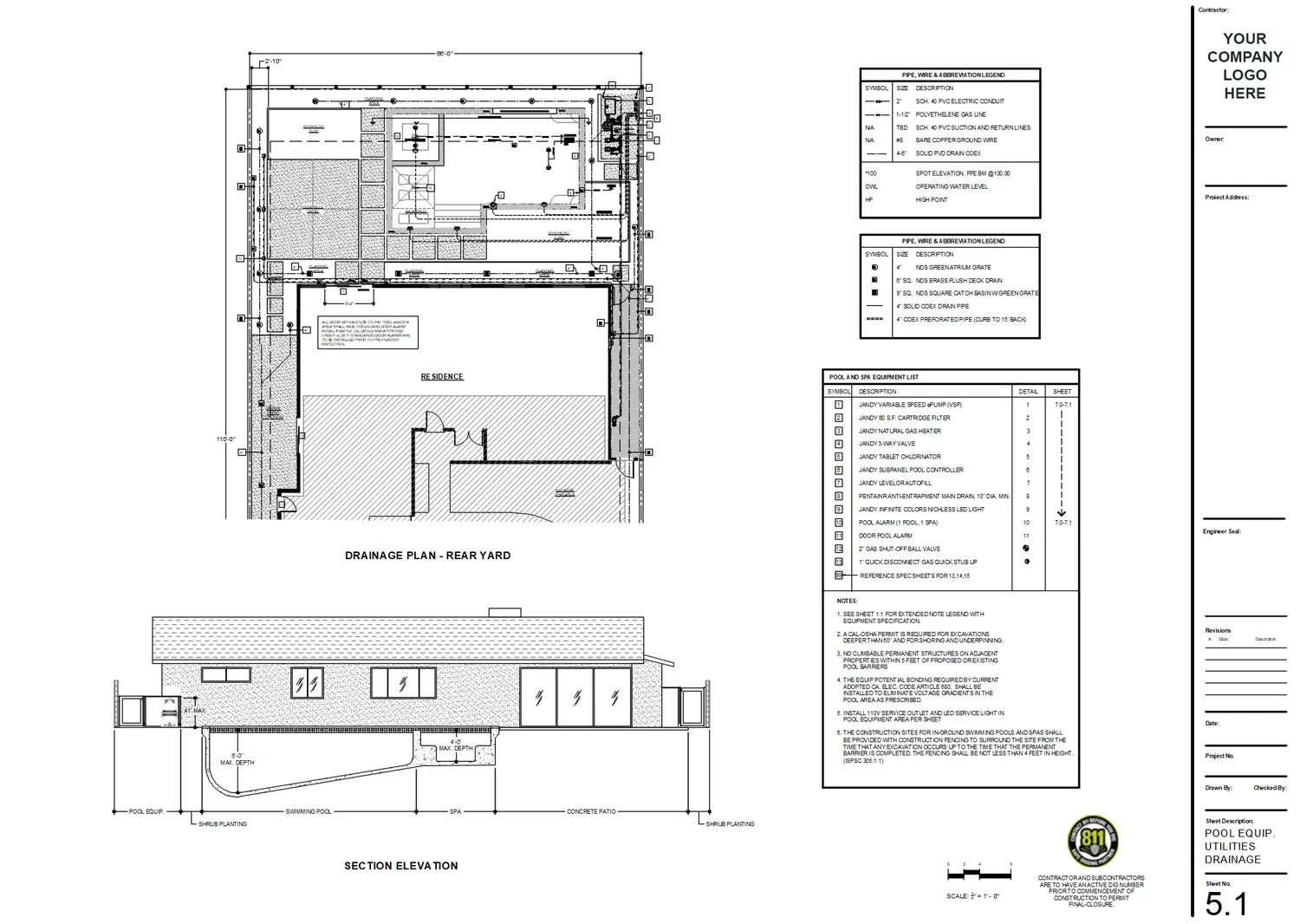 Pool equipment, utilities and drainage plan with section elevation