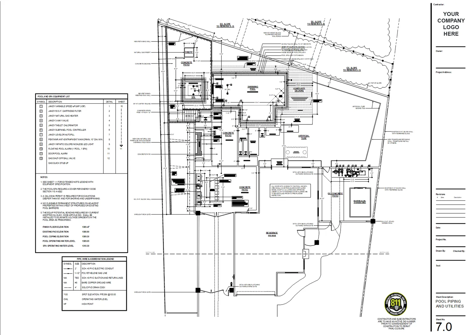 Pool piping and utilities plan with equipment list and elevations